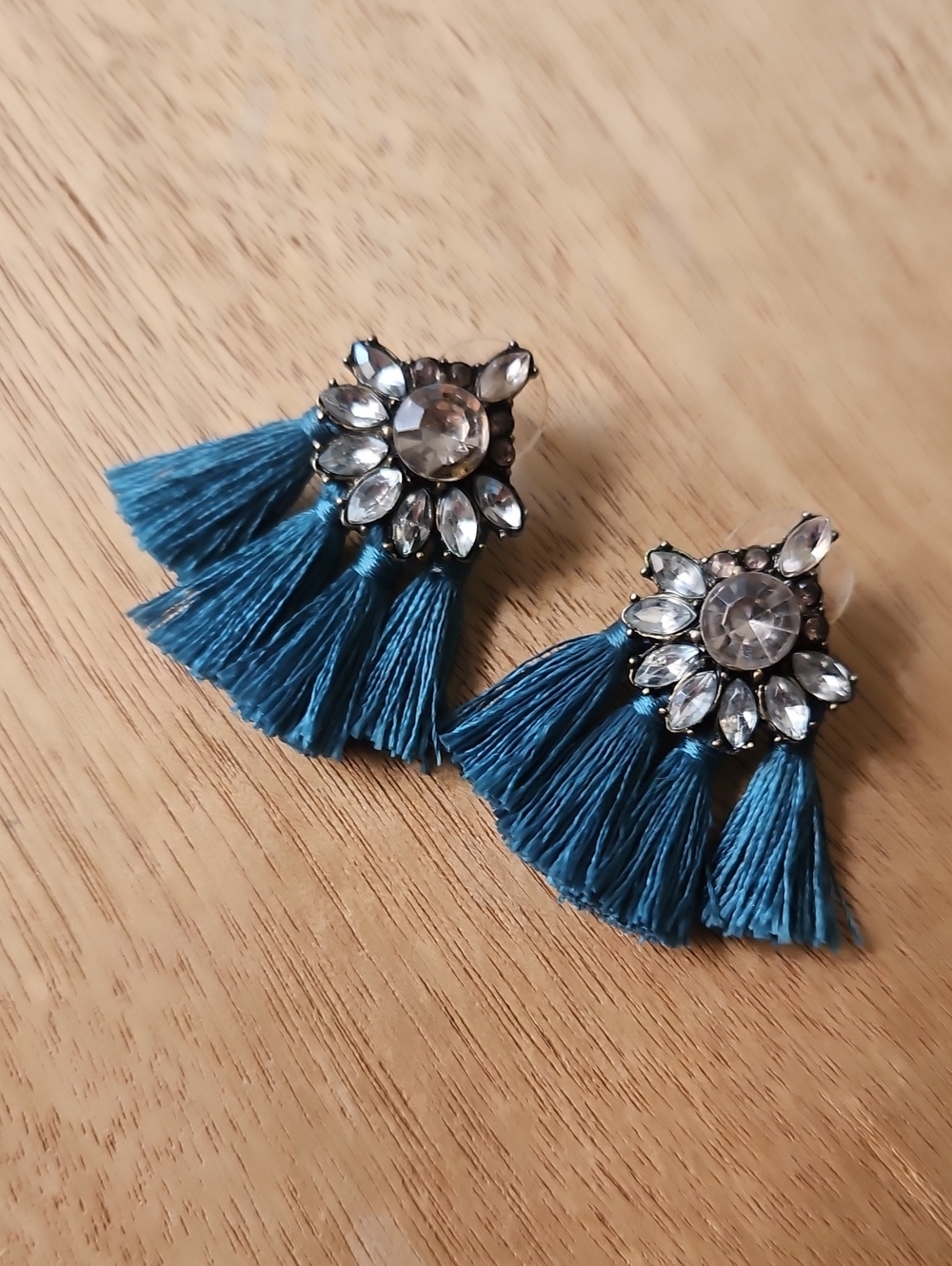 Teal Tassel Crystal Earrings